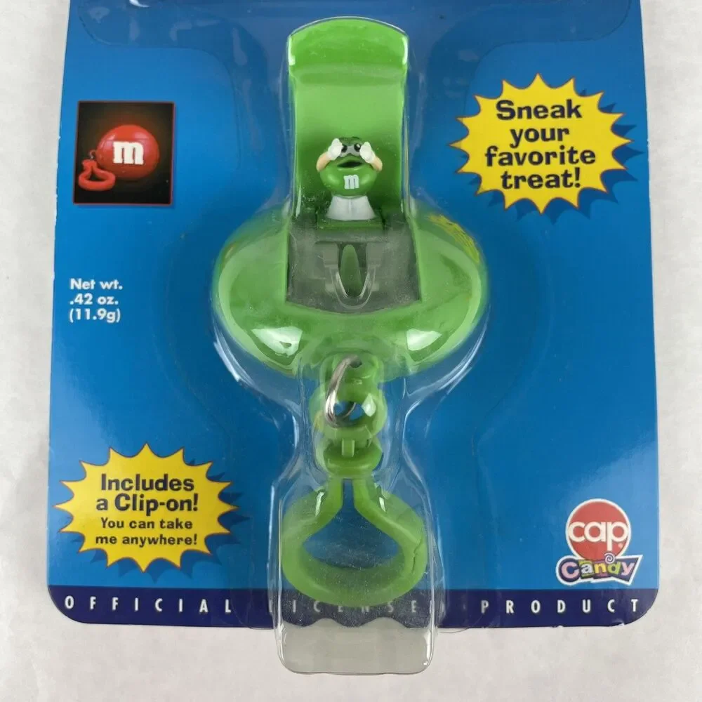 M&M's Minis Candy Hander Dispenser Clip-On Cap Candy Vintage 2002 GreenNew